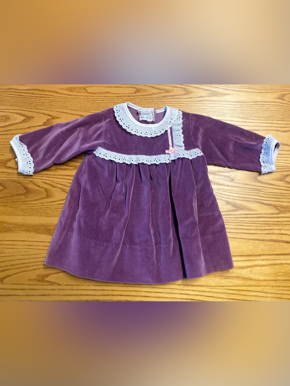 Vintage Alexis Purple Velvet Dress with White Eyelet Collar and Pink Bow